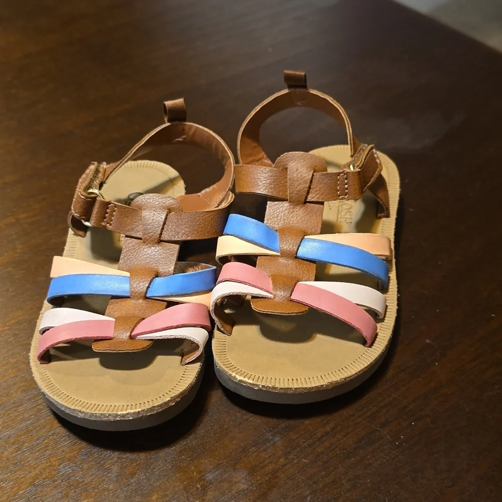 OshKosh Sandals, toddler size 8M‎  pink blue & white on brown/tan